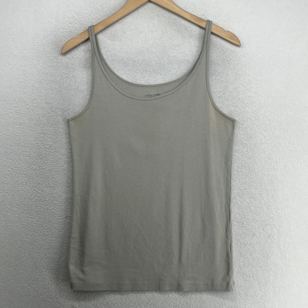 EILEEN FISHER Tank Top L Organic Cotton Ribbed Jersey Cami Scoop Neck Gray